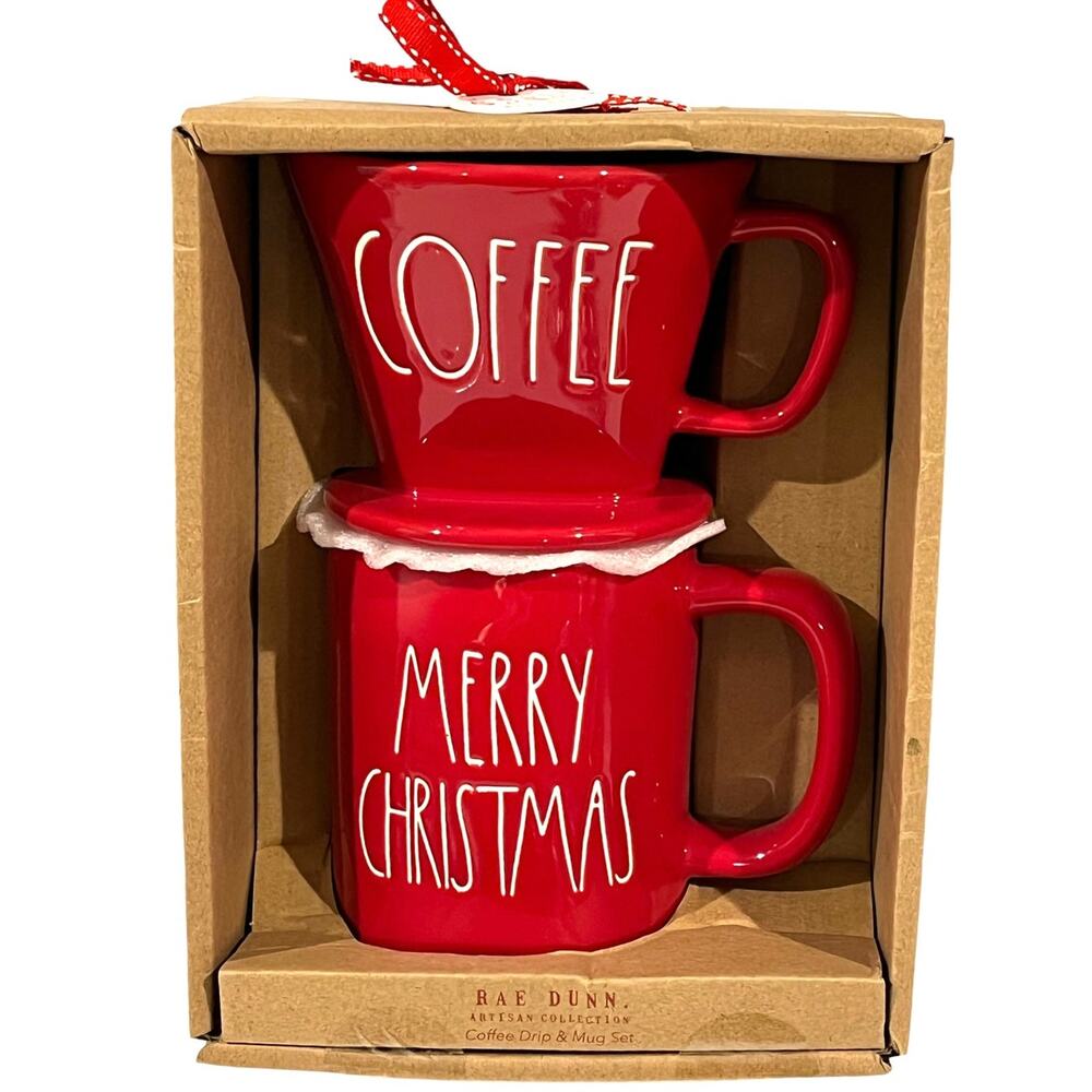 NEW Rae Dunn MERRY CHRISTMAS MUG Coffee Press Pour Over Drip Red Gift Set in Box